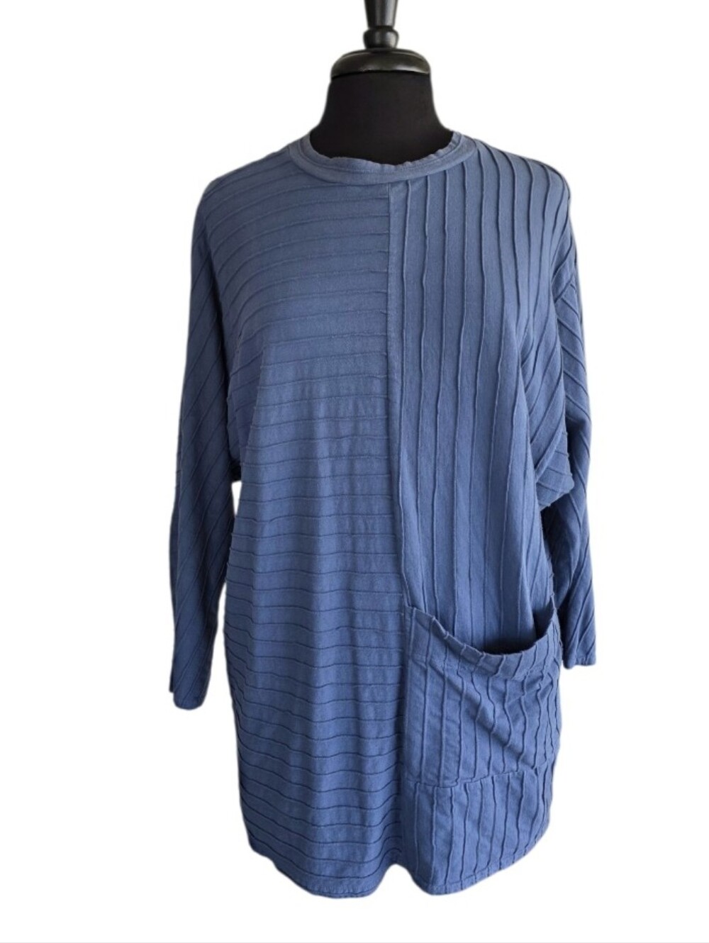 Cynthia Ashby Lagenlook Relaxed Ribbed Tunic Front Pocket Blue Luxury Oversized